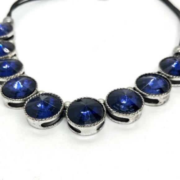 BOLD BLUE RIVOLI RHINESTONE STATEMENT NECKLACE BLACK CORD SILVER TONE BIB COLLAR - Picture 9 of 16